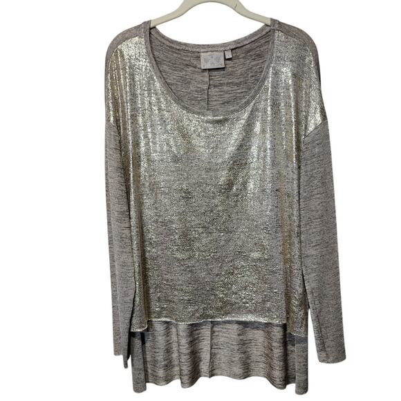 Dantelle Women's Sz S Gold Metallic Long Sleeve Shirt High Low Hem Round Neck - Picture 1 of 5